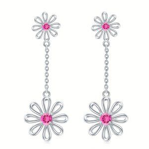 Sterling Silver Daisy Flower Dangle Earrings with October Birthstone-0