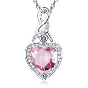 Sterling Silver Pink Heart Pendant Necklace with October Birthstone-0