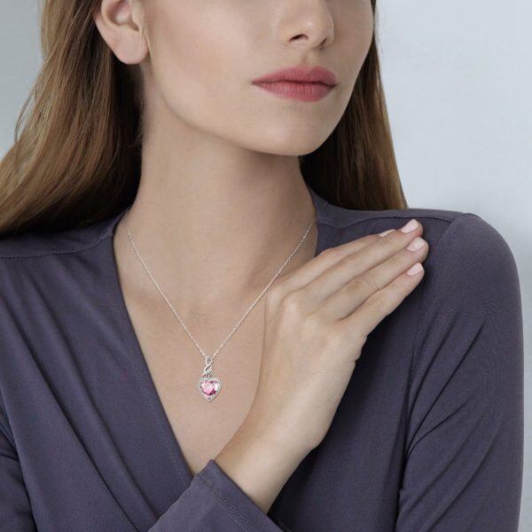 Sterling Silver Pink Heart Pendant Necklace with October Birthstone-2