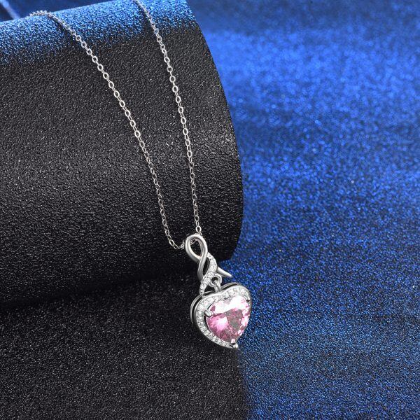 Sterling Silver Pink Heart Pendant Necklace with October Birthstone-3