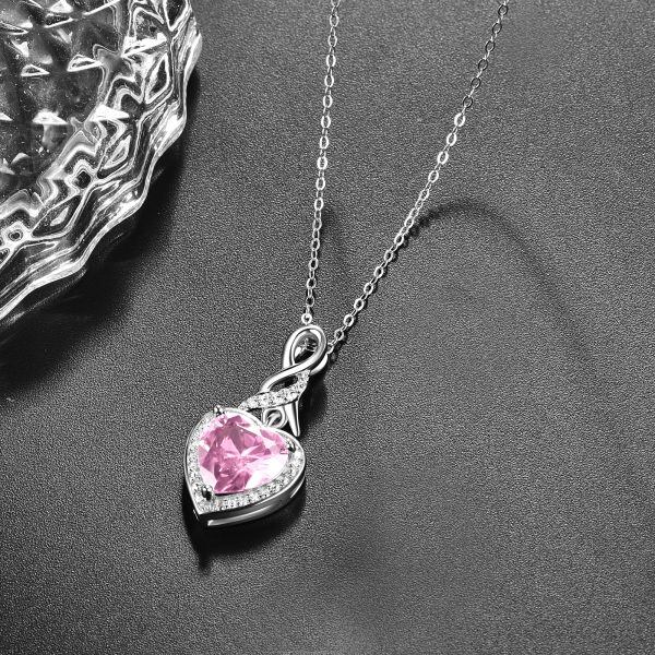 Sterling Silver Pink Heart Pendant Necklace with October Birthstone-4