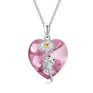 Sterling Silver Pink Heart Crystal Daisy and Frog Pendant Necklace with October Birthstone-0