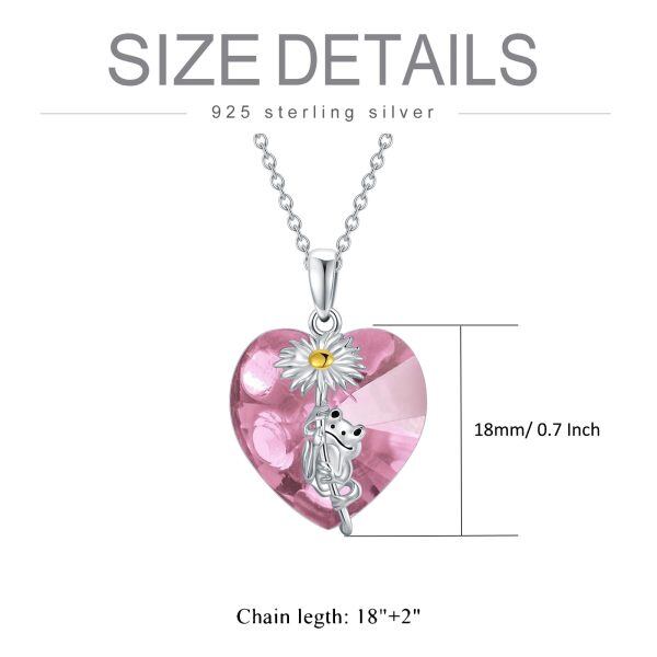 Sterling Silver Pink Heart Crystal Daisy and Frog Pendant Necklace with October Birthstone-1