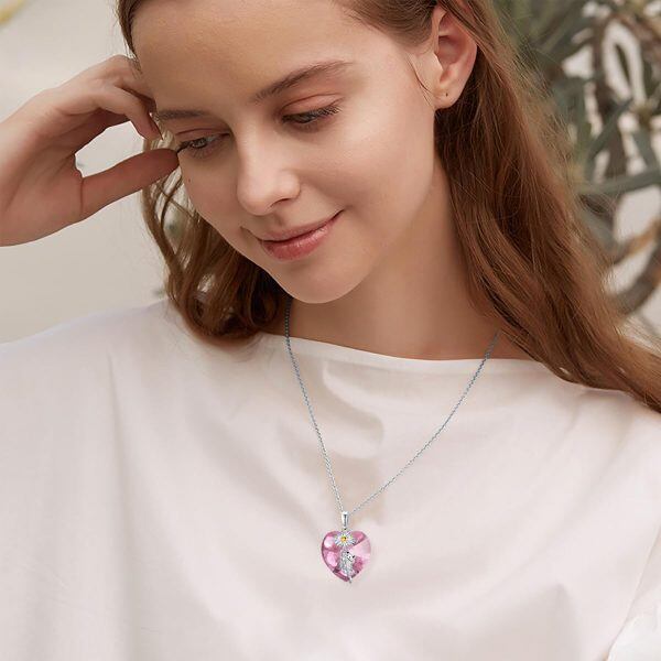 Sterling Silver Pink Heart Crystal Daisy and Frog Pendant Necklace with October Birthstone-3