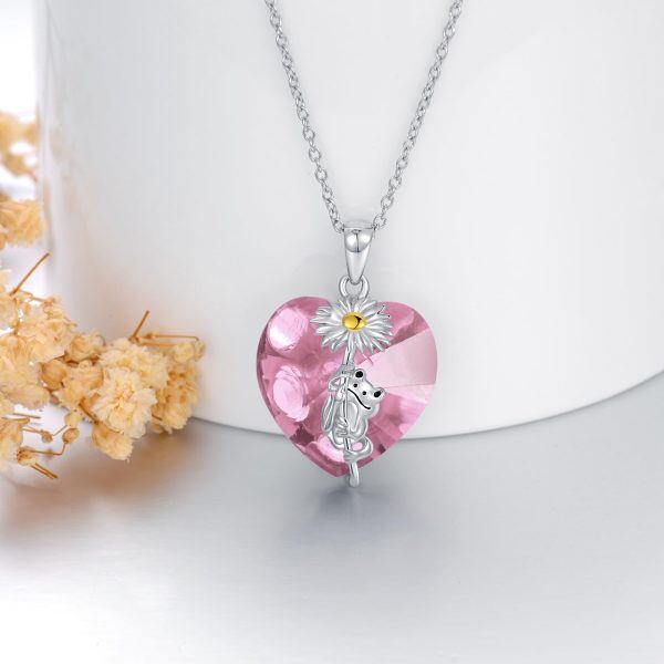 Sterling Silver Pink Heart Crystal Daisy and Frog Pendant Necklace with October Birthstone-4