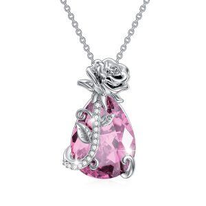 Sterling Silver Rose Flower Crystal Pendant Necklace with October Birthstone-0