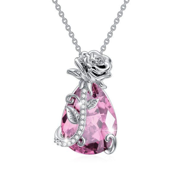 Sterling Silver Rose Flower Crystal Pendant Necklace with October Birthstone-0