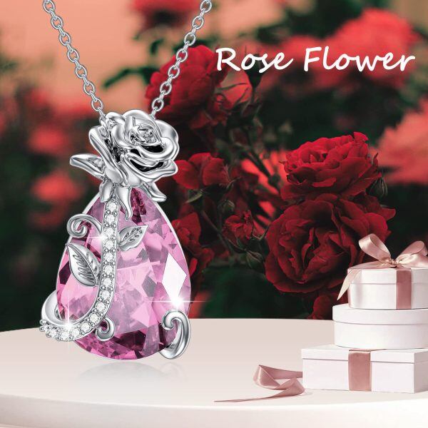 Sterling Silver Rose Flower Crystal Pendant Necklace with October Birthstone-4