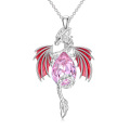 wholesale 925 Sterling Silver Cubic Zirconia Red & Pink Teardrop Birthstone Wyvern Dragon Pendant Necklace for Women and Girls-0-0