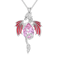 wholesale 925 Sterling Silver Cubic Zirconia Red & Pink Teardrop Birthstone Wyvern Dragon Pendant Necklace for Women and Girls- Rhodium And Gold Plated