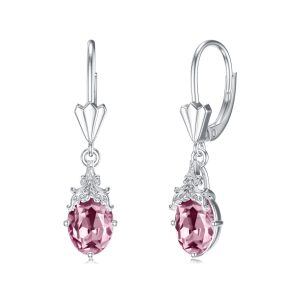 Sterling Silver Pink Crystal Teardrop Dangle Earrings with October Birthstone-0