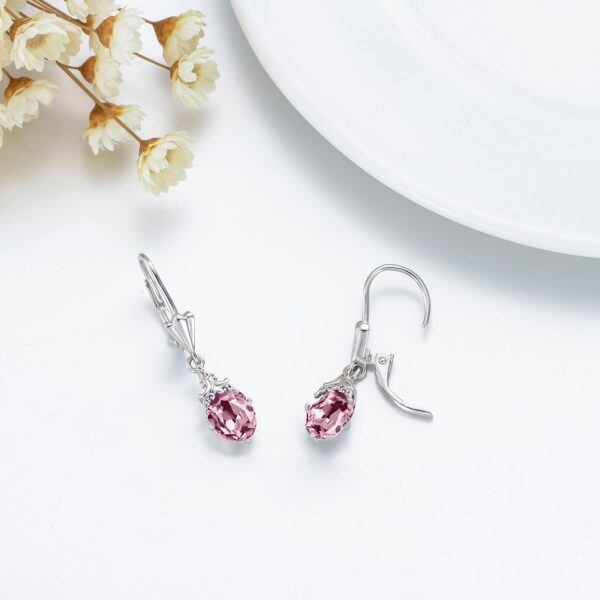 Sterling Silver Pink Crystal Teardrop Dangle Earrings with October Birthstone-3