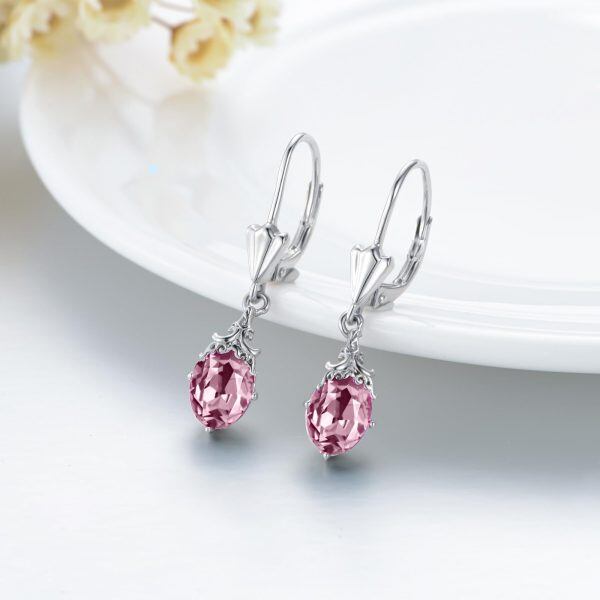 Sterling Silver Pink Crystal Teardrop Dangle Earrings with October Birthstone-4