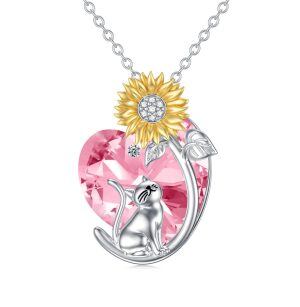 Sterling Silver Heart Crystal Sunflower Cat Pendant Necklace with October Birthstone-0