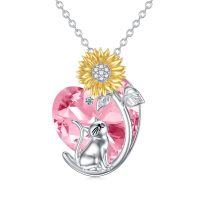 wholesale 925 Sterling Silver Pink Crystal Cat & Sunflower Heart Pendant Necklace for Women- Rhodium And Gold Plated