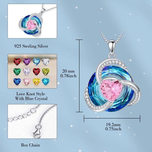 Sterling Silver Love Knot Heart Pendant Necklace with October Birthstone-1