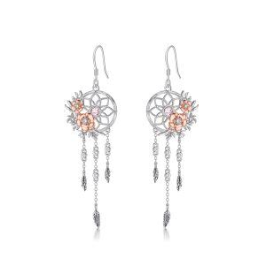 Sterling Silver Rose Flower Dream Catcher Dangle Earrings with October Birthstone-0