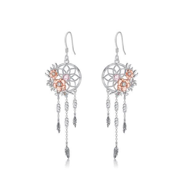 Sterling Silver Rose Flower Dream Catcher Dangle Earrings with October Birthstone-0