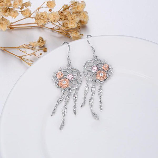 Sterling Silver Rose Flower Dream Catcher Dangle Earrings with October Birthstone-4