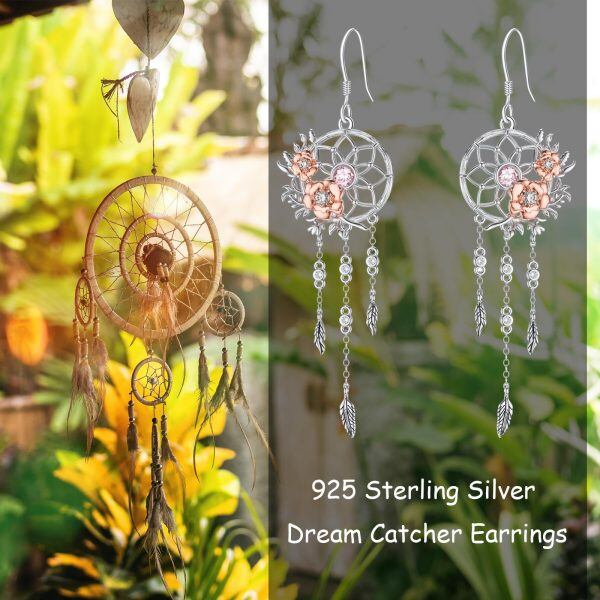 Sterling Silver Rose Flower Dream Catcher Dangle Earrings with October Birthstone-5