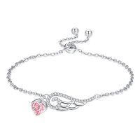 wholesale 925 Sterling Silver Pink Crystal Heart & Wing Charm Adjustable Bracelet s for Women- Rhodium Plated
