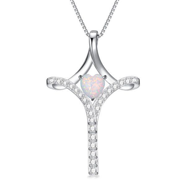 Sterling Silver October Birthstone Heart Opal Cross Pendant Necklace-0