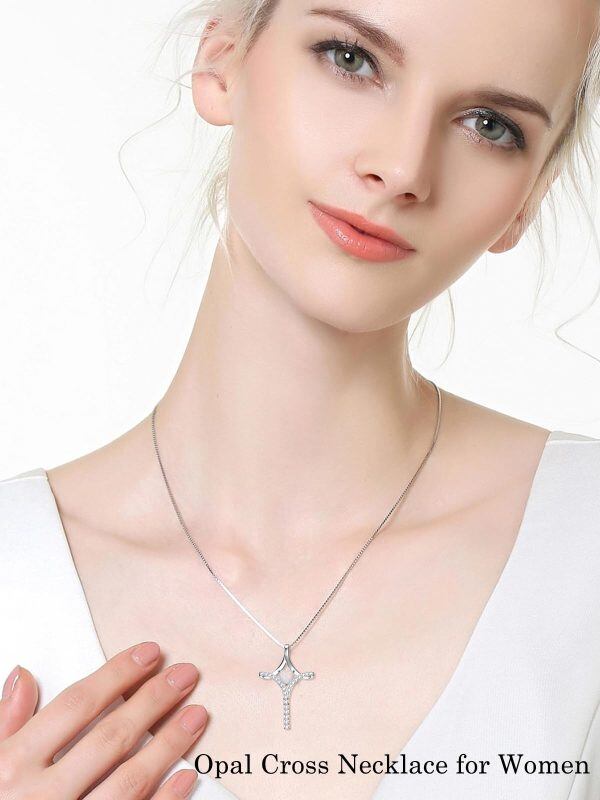 Sterling Silver October Birthstone Heart Opal Cross Pendant Necklace-2