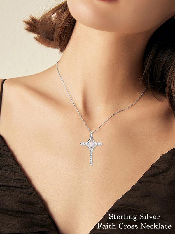 Sterling Silver October Birthstone Heart Opal Cross Pendant Necklace-4