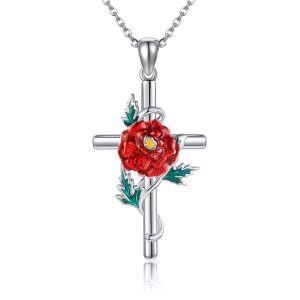 Sterling Silver Enamel Marigold Cross Pendant Necklace with October Birth Flower-0