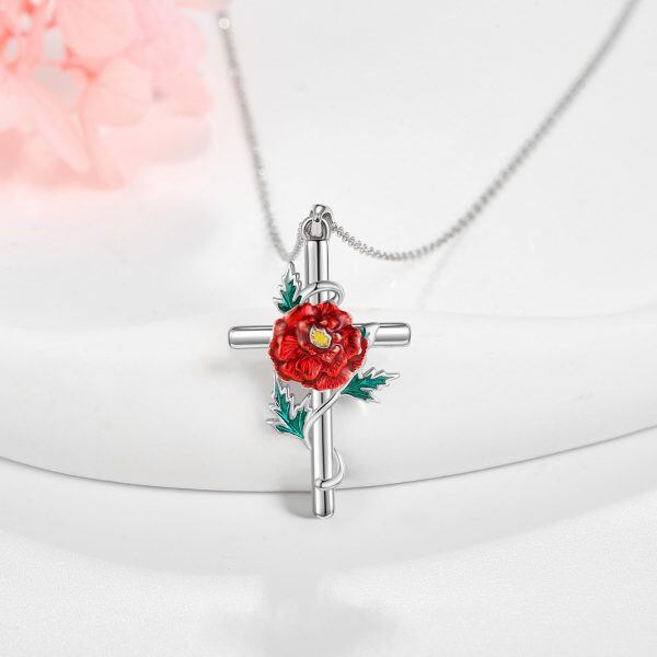 Sterling Silver Enamel Marigold Cross Pendant Necklace with October Birth Flower-5