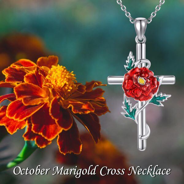 Sterling Silver Enamel Marigold Cross Pendant Necklace with October Birth Flower-6