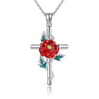 wholesale 925 Sterling Silver Red Carnation Pendant Necklace with Green Leaves and Gold Accents for Women Girls- Rhodium Plated