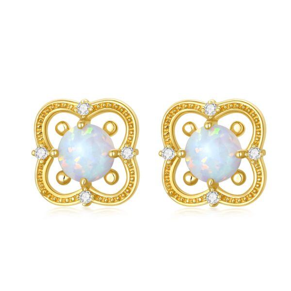 14K Solid Gold October Birthstone Opal Hollow Flowers Stud Earring-0