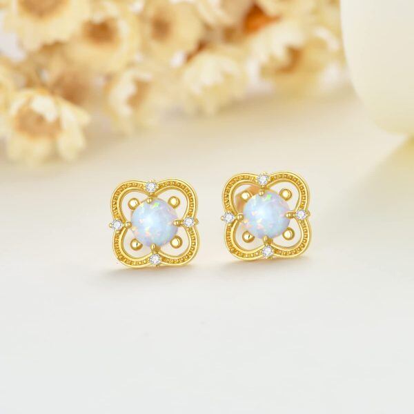 14K Solid Gold October Birthstone Opal Hollow Flowers Stud Earring-3