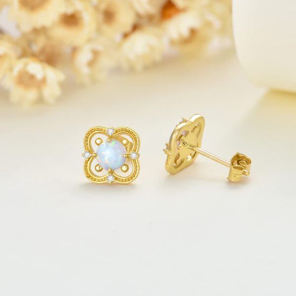 14K Solid Gold October Birthstone Opal Hollow Flowers Stud Earring-4