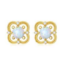 wholesale 14K Gold Opal Clover-Shaped Diamond Studs - October Birthstone Jewelry- Gold Plated