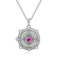 wholesale 925 Sterling Silver Pink Sapphire & White Fire Opal Compass Sun Moon Star Pendant Necklace Gift for Women- Rhodium Plated