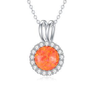 Sterling Silver October Birthstone Round Opal Pendant Necklace-0