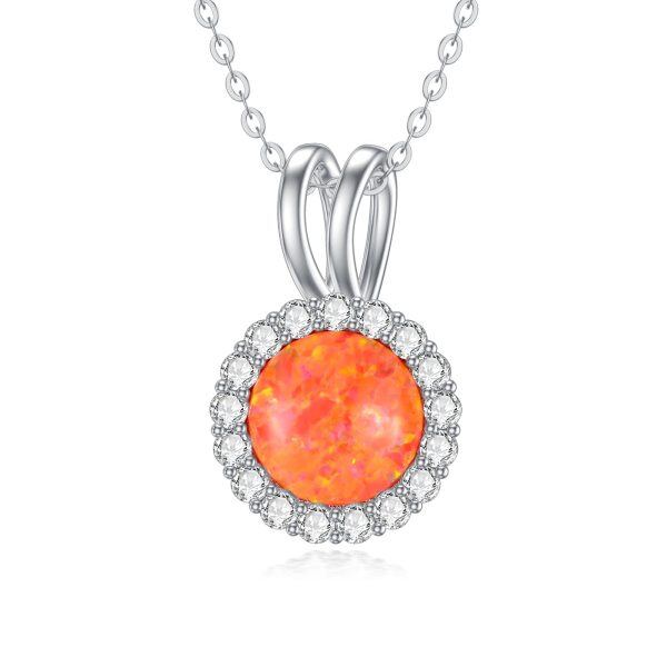 Sterling Silver October Birthstone Round Opal Pendant Necklace-0