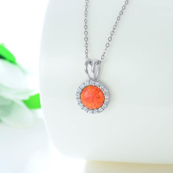 Sterling Silver October Birthstone Round Opal Pendant Necklace-4