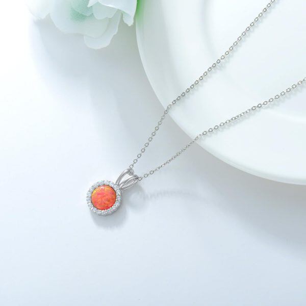 Sterling Silver October Birthstone Round Opal Pendant Necklace-5