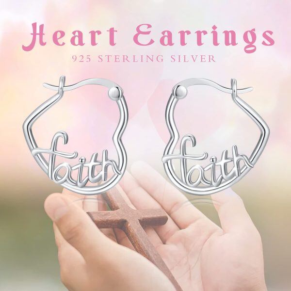 Sterling Silver Faith Heart Huggie Earrings-4