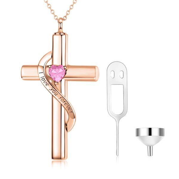 Sterling Silver October Birthstone Crystal Cross Urn Necklace with 10K Rose Gold Chain-0