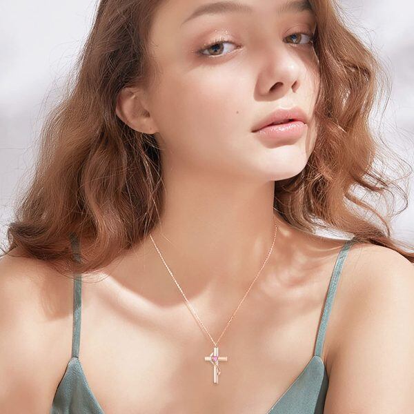 Sterling Silver October Birthstone Crystal Cross Urn Necklace with 10K Rose Gold Chain-2