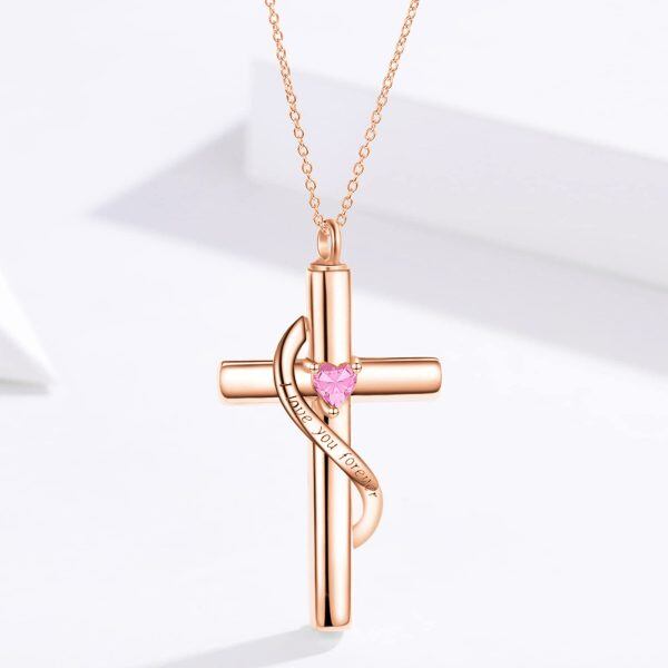 Sterling Silver October Birthstone Crystal Cross Urn Necklace with 10K Rose Gold Chain-3