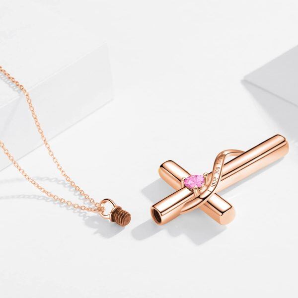 Sterling Silver October Birthstone Crystal Cross Urn Necklace with 10K Rose Gold Chain-4