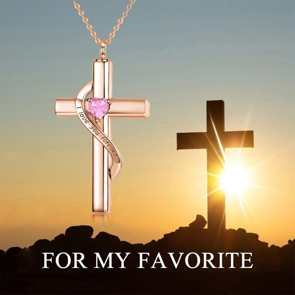 Sterling Silver October Birthstone Crystal Cross Urn Necklace with 10K Rose Gold Chain-5