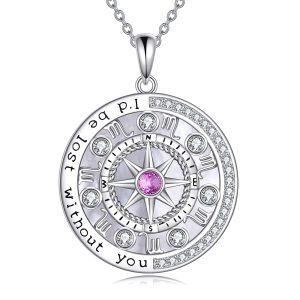 Sterling Silver Compass Pendant Necklace with October Birthstone-0