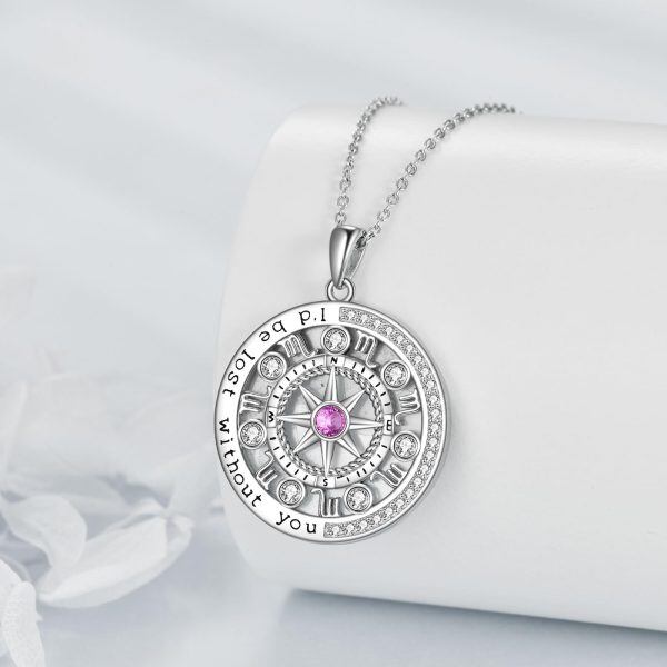 Sterling Silver Compass Pendant Necklace with October Birthstone-3