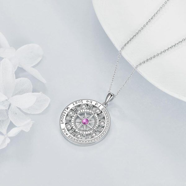 Sterling Silver Compass Pendant Necklace with October Birthstone-4